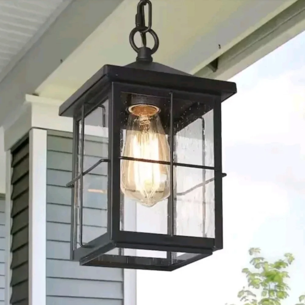 Bioeasdera Seeded Glass Outdoor Black Hanging Farmhouse LNC Pendant Light